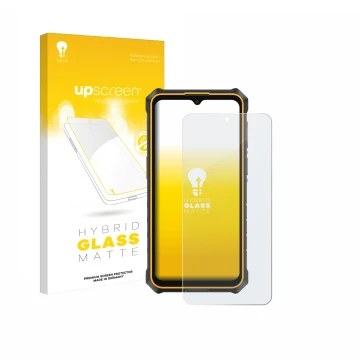 Parte frontal de un envase de producto con el logotipo de la marca upscreen. Al lado se muestra el dispositivo Ulefone RugKing