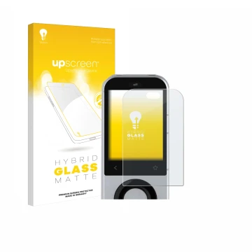 Parte frontal de un envase de producto con el logotipo de la marca upscreen. Al lado se muestra el dispositivo Sofabaton X2 co