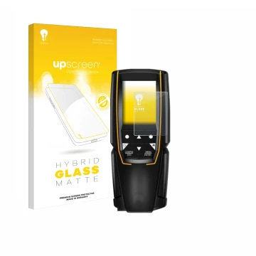 Parte frontal de un envase de producto con el logotipo de la marca upscreen. Al lado se muestra el dispositivo Testo 310 (2da 