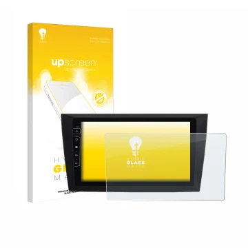 Parte frontal de un envase de producto con el logotipo de la marca upscreen. Al lado se muestra el dispositivo Dynavin D8-DF31