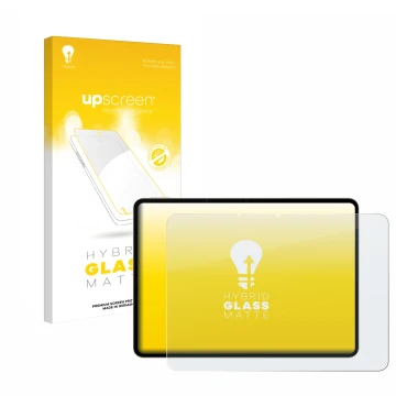 Parte frontal de un envase de producto con el logotipo de la marca upscreen. Al lado se muestra el dispositivo realme Pad 3 co