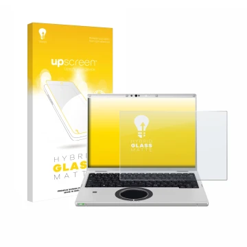 Parte frontal de un envase de producto con el logotipo de la marca upscreen. Al lado se muestra el dispositivo Panasonic CF-FV