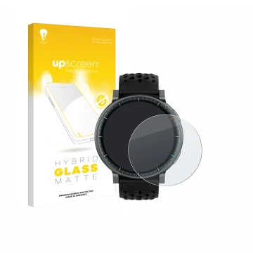 Parte frontal de un envase de producto con el logotipo de la marca upscreen. Al lado se muestra el dispositivo Amazfit Active 