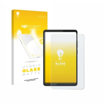 Parte frontal de un envase de producto con el logotipo de la marca upscreen. Al lado se muestra el dispositivo Lenovo Tab K9 c