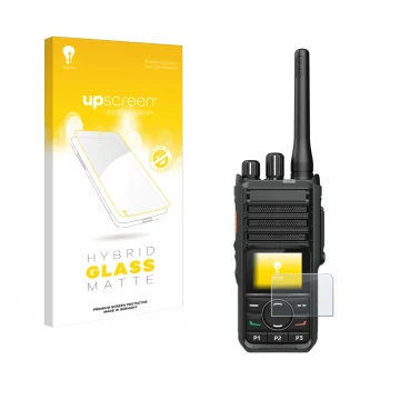 Parte frontal de un envase de producto con el logotipo de la marca upscreen. Al lado se muestra el dispositivo Hytera HP565 co