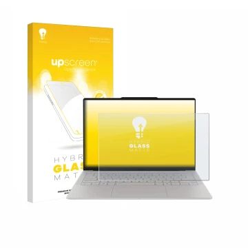 Parte frontal de un envase de producto con el logotipo de la marca upscreen. Al lado se muestra el dispositivo Lenovo Yoga Sli