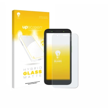 Parte frontal de un envase de producto con el logotipo de la marca upscreen. Al lado se muestra el dispositivo Zebra TC501 con