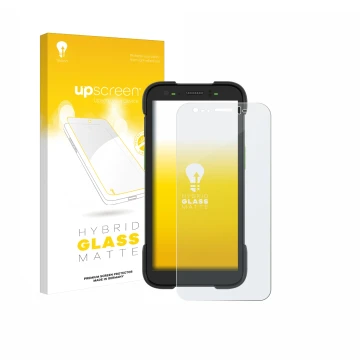 Parte frontal de un envase de producto con el logotipo de la marca upscreen. Al lado se muestra el dispositivo Zebra TC701 con