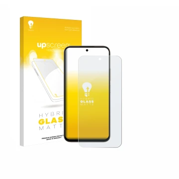 Parte frontal de un envase de producto con el logotipo de la marca upscreen. Al lado se muestra el dispositivo Oppo A6 con su 