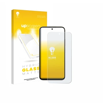 Parte frontal de un envase de producto con el logotipo de la marca upscreen. Al lado se muestra el dispositivo Oppo A6c con su