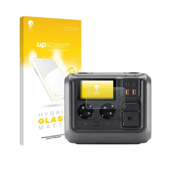 Parte frontal de un envase de producto con el logotipo de la marca upscreen. Al lado se muestra el dispositivo DJI Power 500 c