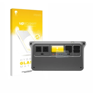 Parte frontal de un envase de producto con el logotipo de la marca upscreen. Al lado se muestra el dispositivo DJI Power 1000 