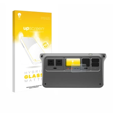 Parte frontal de un envase de producto con el logotipo de la marca upscreen. Al lado se muestra el dispositivo DJI Power 1000 