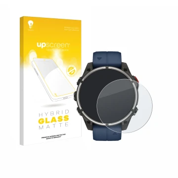 Parte frontal de un envase de producto con el logotipo de la marca upscreen. Al lado se muestra el dispositivo Garmin quatix 8