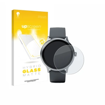 Parte frontal de un envase de producto con el logotipo de la marca upscreen. Al lado se muestra el dispositivo Pebble Round 2 