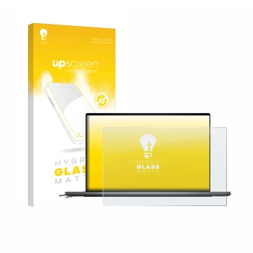 Parte frontal de un envase de producto con el logotipo de la marca upscreen. Al lado se muestra el dispositivo Dell XPS 16 DA1