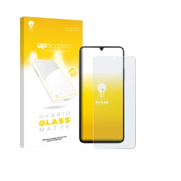 Parte frontal de un envase de producto con el logotipo de la marca upscreen. Al lado se muestra el dispositivo Cubot A40 con s