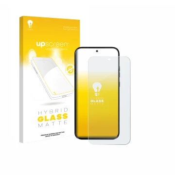 Parte frontal de un envase de producto con el logotipo de la marca upscreen. Al lado se muestra el dispositivo Motorola Moto G