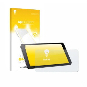 Parte frontal de un envase de producto con el logotipo de la marca upscreen. Al lado se muestra el dispositivo RiderNav R7M co