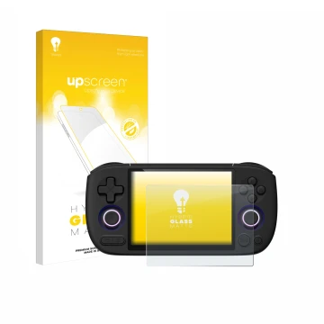 Parte frontal de un envase de producto con el logotipo de la marca upscreen. Al lado se muestra el dispositivo Ayaneo Pocket A