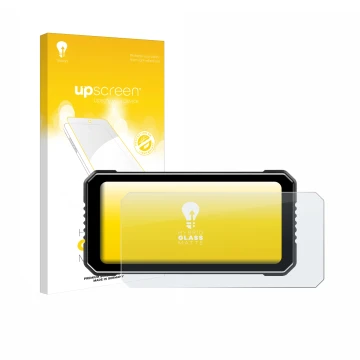 Parte frontal de un envase de producto con el logotipo de la marca upscreen. Al lado se muestra el dispositivo Vtopek MT26 6.2