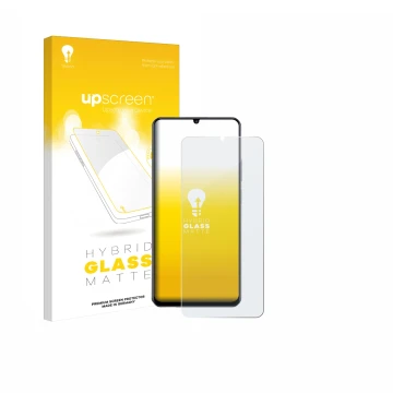 Parte frontal de un envase de producto con el logotipo de la marca upscreen. Al lado se muestra el dispositivo realme Note 70 