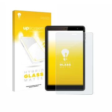 Parte frontal de un envase de producto con el logotipo de la marca upscreen. Al lado se muestra el dispositivo Logicom Tab 80 