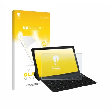 Parte frontal de un envase de producto con el logotipo de la marca upscreen. Al lado se muestra el dispositivo Laptok YXPA7LBK