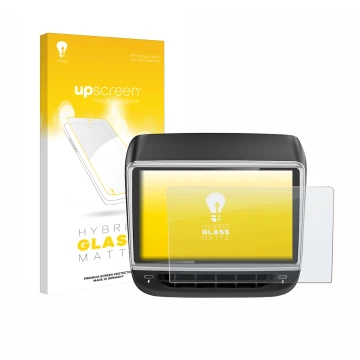 Parte frontal de un envase de producto con el logotipo de la marca upscreen. Al lado se muestra el dispositivo Tlyard T10 con 