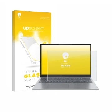 Parte frontal de un envase de producto con el logotipo de la marca upscreen. Al lado se muestra el dispositivo Lenovo ThinkBoo