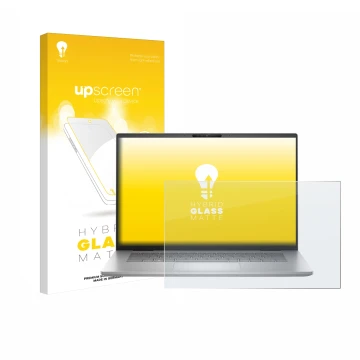 Parte frontal de un envase de producto con el logotipo de la marca upscreen. Al lado se muestra el dispositivo Dell Inspiron 1