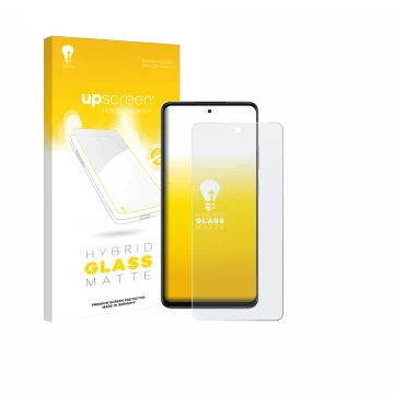 Parte frontal de un envase de producto con el logotipo de la marca upscreen. Al lado se muestra el dispositivo Oppo A5x 4G con