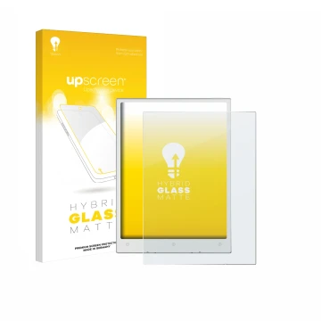 Parte frontal de un envase de producto con el logotipo de la marca upscreen. Al lado se muestra el dispositivo Viwoods AiPaper