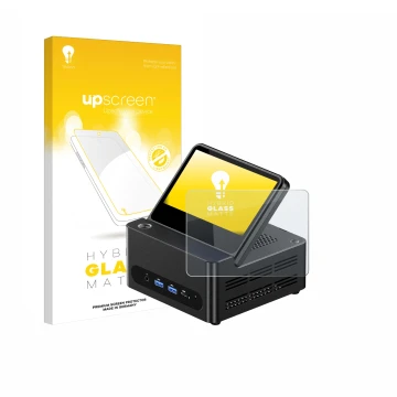 Parte frontal de un envase de producto con el logotipo de la marca upscreen. Al lado se muestra el dispositivo AOOSTAR ‎G-FLIP