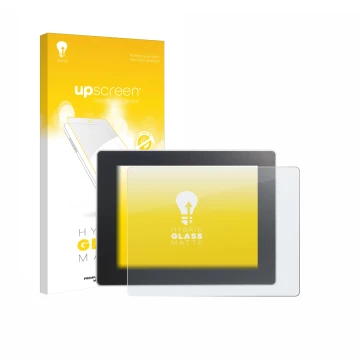 Parte frontal de un envase de producto con el logotipo de la marca upscreen. Al lado se muestra el dispositivo Weintek cMT3092