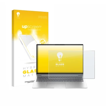 Parte frontal de un envase de producto con el logotipo de la marca upscreen. Al lado se muestra el dispositivo HP EliteBook 6 