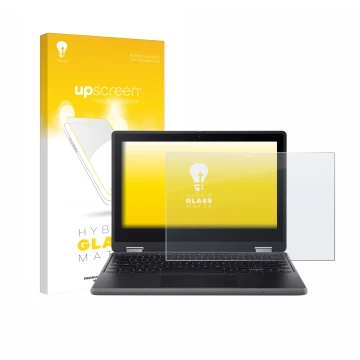 Parte frontal de un envase de producto con el logotipo de la marca upscreen. Al lado se muestra el dispositivo Acer Chromebook