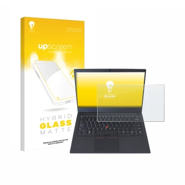 Parte frontal de un envase de producto con el logotipo de la marca upscreen. Al lado se muestra el dispositivo Lenovo ThinkPad