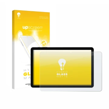 Parte frontal de un envase de producto con el logotipo de la marca upscreen. Al lado se muestra el dispositivo Doogee Tab G5 c