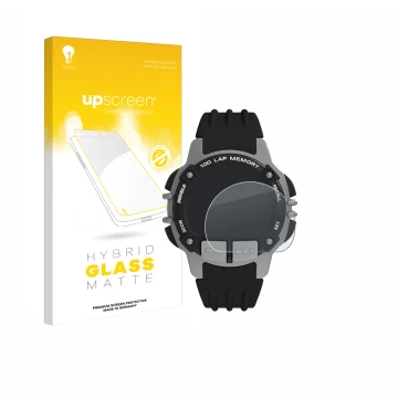 Parte frontal de un envase de producto con el logotipo de la marca upscreen. Al lado se muestra el dispositivo Timex Ironman T