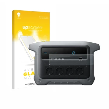 Parte frontal de un envase de producto con el logotipo de la marca upscreen. Al lado se muestra el dispositivo Anker SOLIX C10