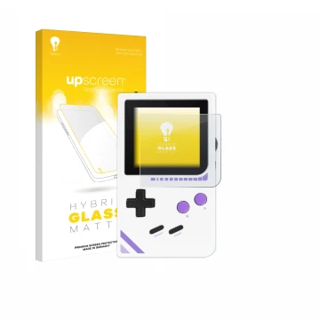 Parte frontal de un envase de producto con el logotipo de la marca upscreen. Al lado se muestra el dispositivo Modretro Chroma