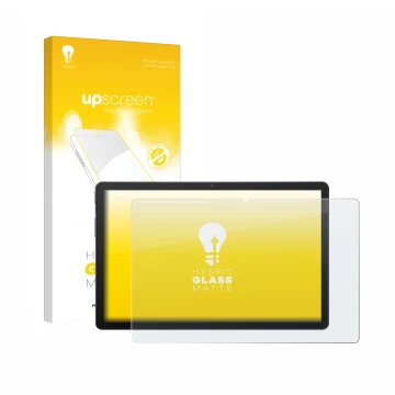 Parte frontal de un envase de producto con el logotipo de la marca upscreen. Al lado se muestra el dispositivo Sunmi CPad 14