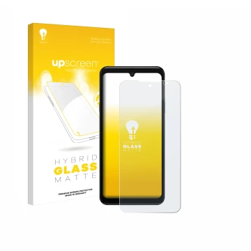 Parte frontal de un envase de producto con el logotipo de la marca upscreen. Al lado se muestra el dispositivo Sunmi M3 con su