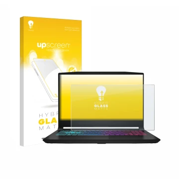 Parte frontal de un envase de producto con el logotipo de la marca upscreen. Al lado se muestra el dispositivo MSI Katana 15 H