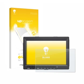 Parte frontal de un envase de producto con el logotipo de la marca upscreen. Al lado se muestra el dispositivo Feelworld FW759