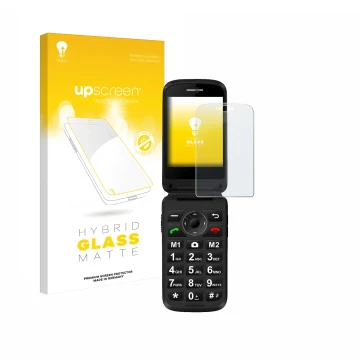 Parte frontal de un envase de producto con el logotipo de la marca upscreen. Al lado se muestra el dispositivo Simvalley Mobil