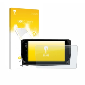 Parte frontal de un envase de producto con el logotipo de la marca upscreen. Al lado se muestra el dispositivo Dynavin D9-DF43