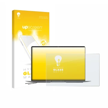 Parte frontal de un envase de producto con el logotipo de la marca upscreen. Al lado se muestra el dispositivo Geekom GeekBook