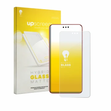 Parte frontal de un envase de producto con el logotipo de la marca upscreen. Al lado se muestra el dispositivo Huawei Mate 60 